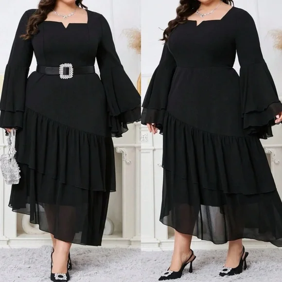 ⬇️SHEINCurve+ Black Asymmetrical Ruffled Cocktail Dress - Picture 3 of 5